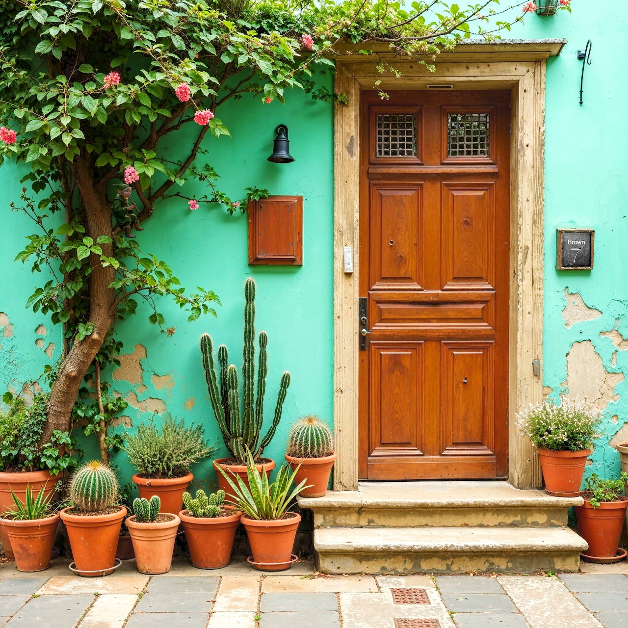 Wooden door on turquoise wall surrounded by potted cacti and flowering vine