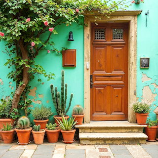 Turquoise House with Wooden Door and Cacti