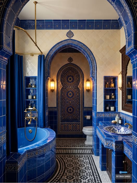 Ornate bathroom with blue mosaic tiles, arched doorway, and vintage fixtures in Moroccan style