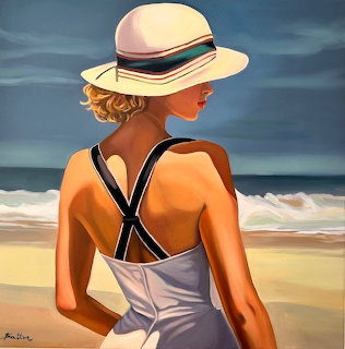 Painting of a woman in a white dress and hat standing on a beach, seen from behind