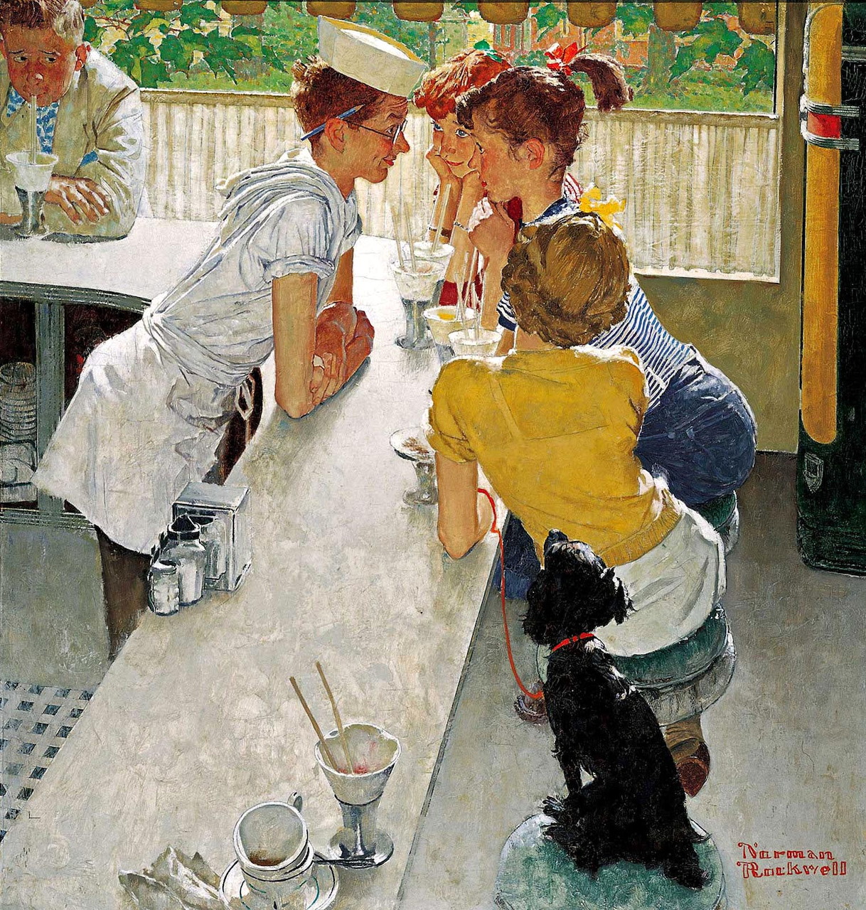Vintage painting of a soda fountain counter with a waitress, two girls, and a small black dog