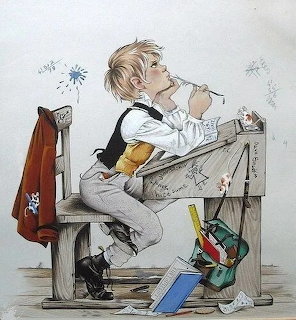 Illustration of a boy daydreaming on a wooden bench with school supplies scattered around