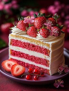 Close-up of a strawberry layer cake slice topped with fresh strawberries and cream on a plate