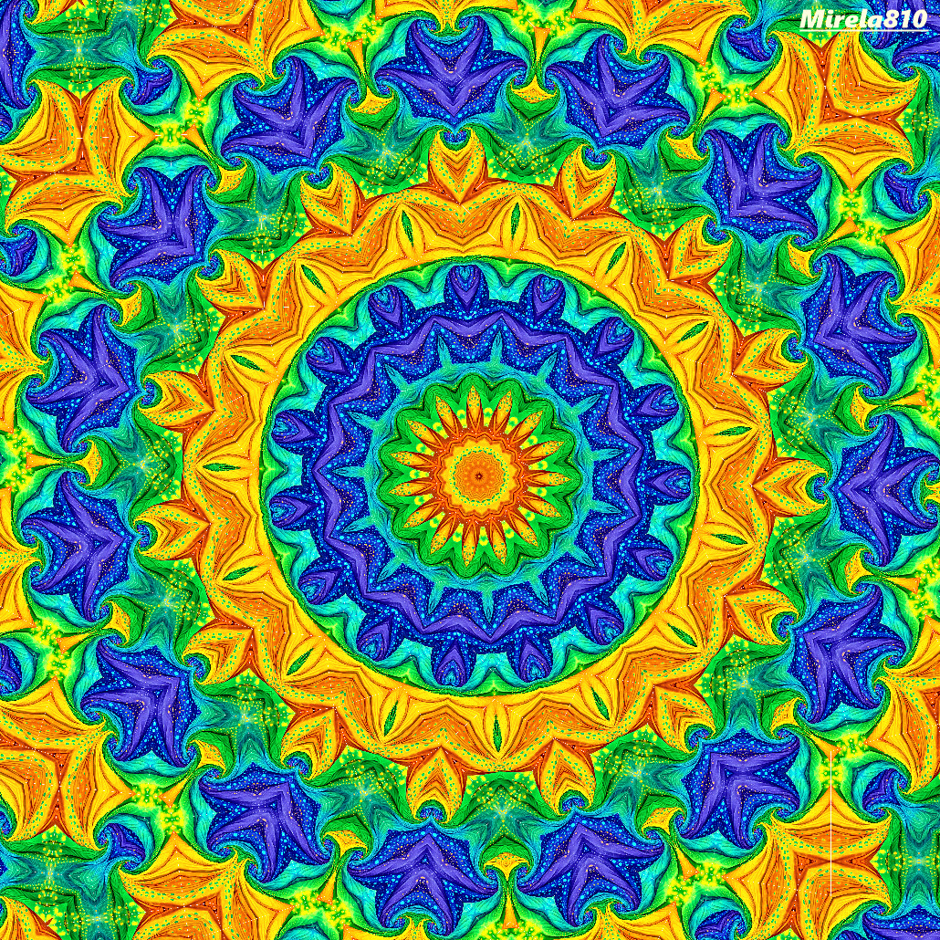 Colorful symmetrical mandala with rainbow geometric patterns radiating from a central sunburst in blue, green, yellow, and orange