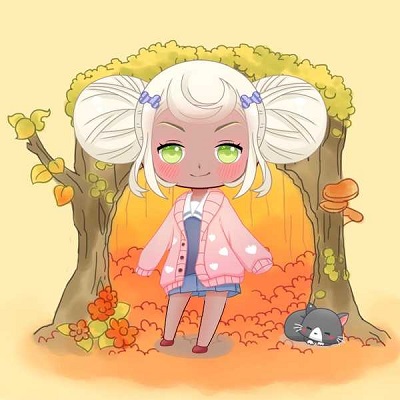 Chibi girl with white hair and green eyes in pink sweater among autumn trees with a cat