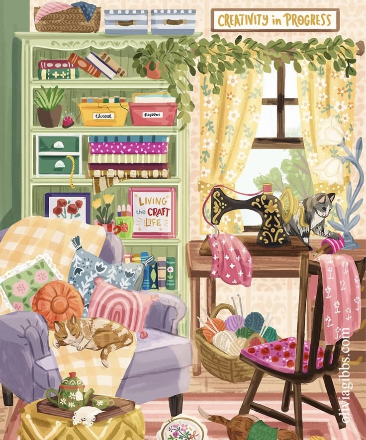 Colorful illustration of a cozy craft room with sewing machine, sleeping cat, yarn, and bookshelves