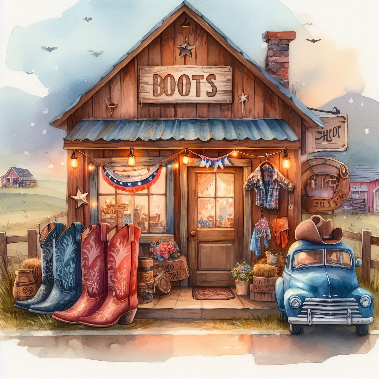 Illustration of a rustic western boot shop with giant cowboy boots and a vintage blue truck outside
