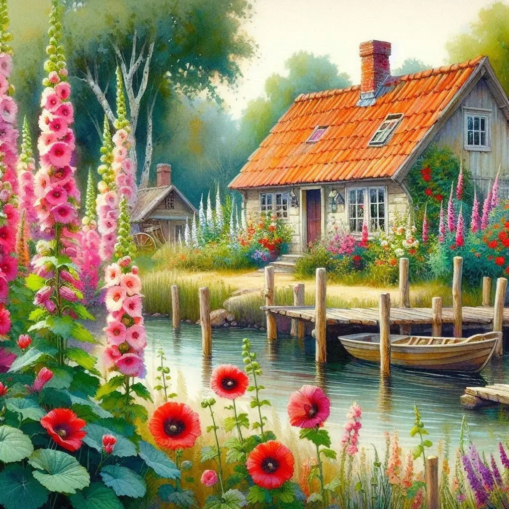 Painted lakeside cottage with orange roof, colorful garden flowers, and wooden dock with boat on calm water