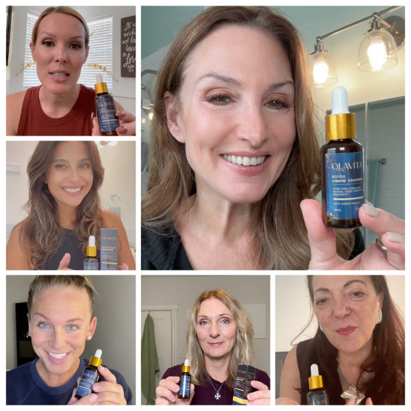 Six-panel collage of women indoors holding small dropper bottles and smiling at the camera