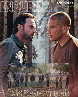 Two men facing each other in a forest with text 'Better Angels 2x12' and group silhouettes in background