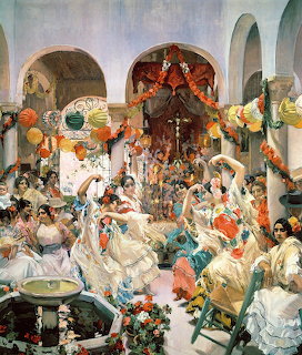 Impressionist painting of a crowded festive gathering in a sunlit courtyard with white arches and colorful decorations