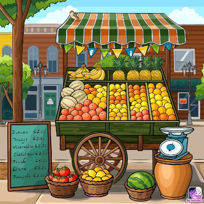 Cartoon fruit stand with baskets of produce, striped awning, and scale on a street