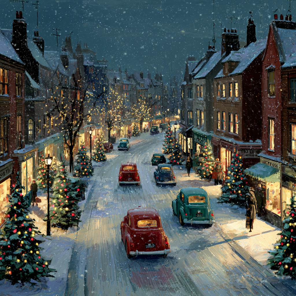 Snowy village street at night with Christmas decorations, vintage cars, and illuminated buildings under falling snowflakes