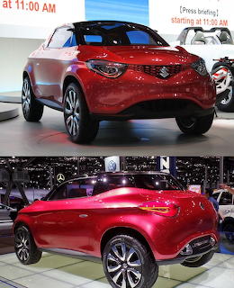 Collage of a red Suzuki Crosshiker concept SUV displayed at an auto show