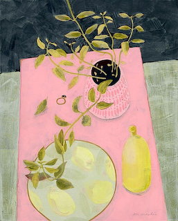 Painting of lemons on a plate with mint branches in a vase on a pink table