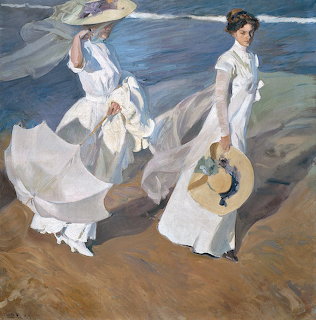 Oil painting of two women in white dresses walking on a sandy beach by the sea