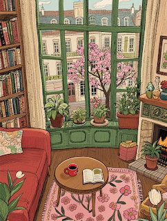 Illustrated cozy room with bookshelf, red sofa, fireplace, plants, and spring view through large window