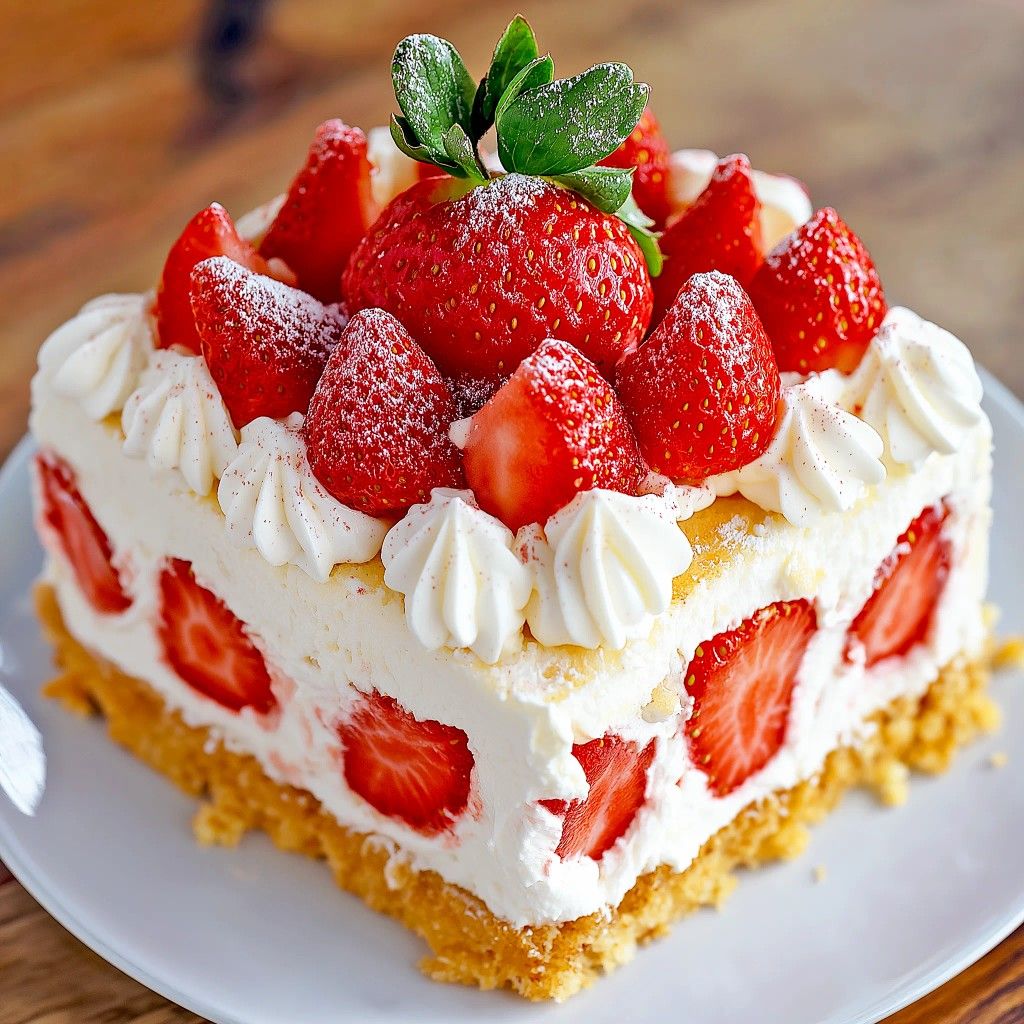 Square strawberry cream cake with fresh strawberries and whipped cream on a white plate