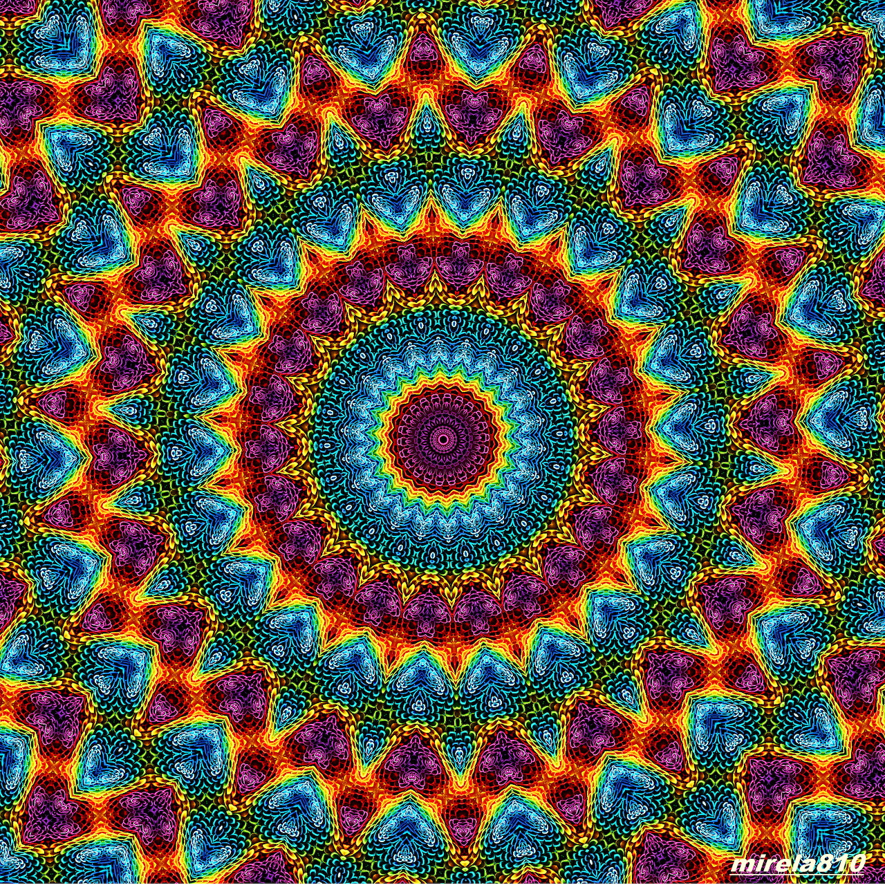 Vibrant circular mandala with intricate geometric rainbow-colored patterns radiating from the center