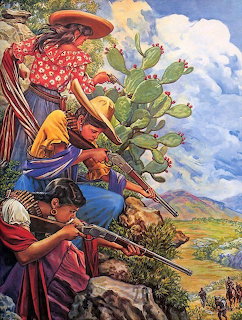 Colorful painting of armed Mexican revolutionary women with rifles behind a cactus on a hillside