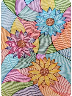 Colorful hand-drawn illustration of three flowers with flowing curved line patterns in various colors