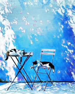 Painting of two black and white cats lounging on a table and chair against a blue abstract backdrop.
