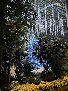 Indoor garden with hanging icicle lights, a blue-lit tree, and yellow poinsettias