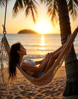 Woman reclining in a hammock between palm trees on a tropical beach at sunset