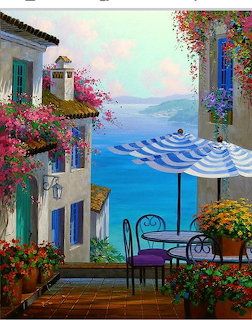 Colorful painting of a flower-filled seaside terrace overlooking blue water and distant hills
