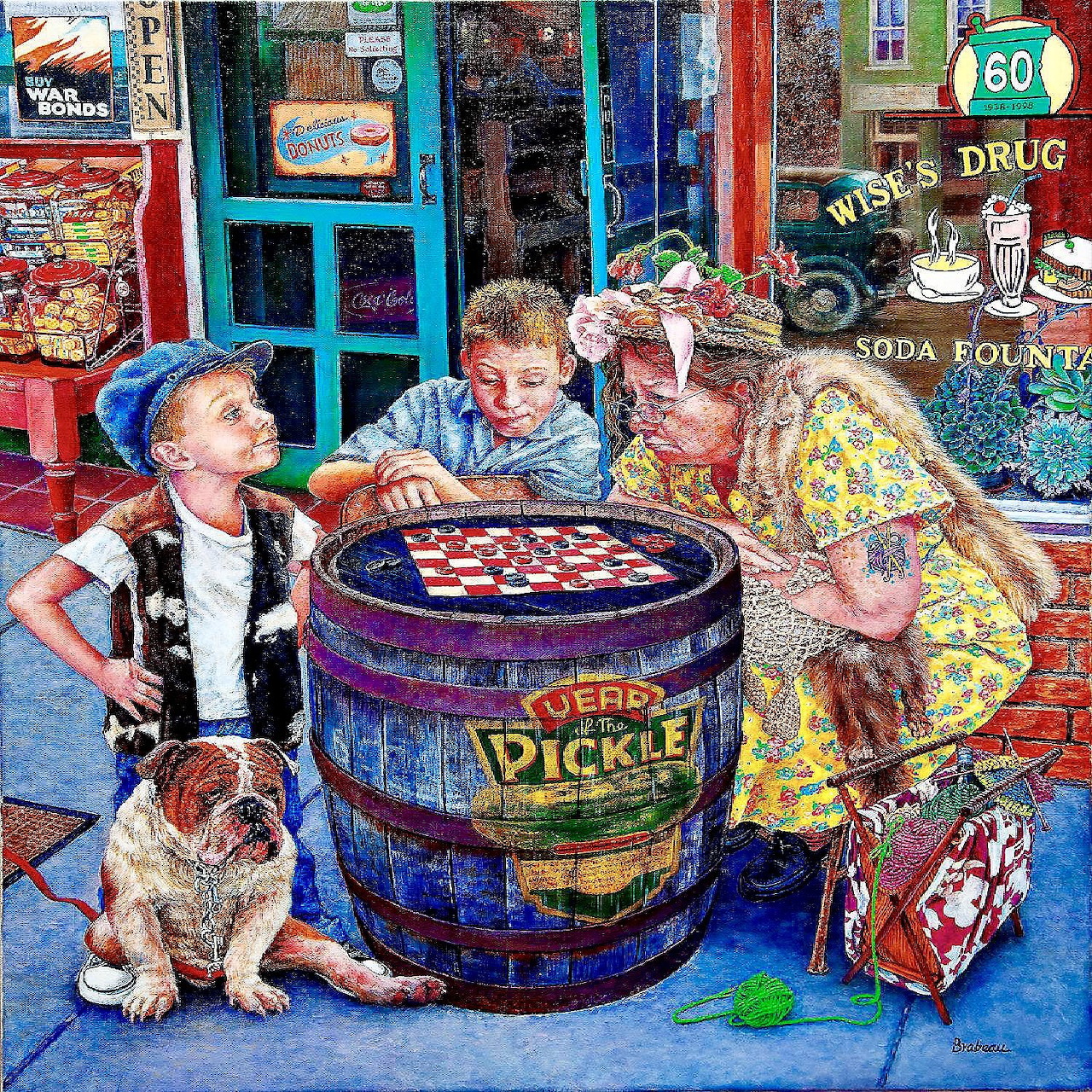 Children playing checkers on barrel outside vintage drug store, small dog watching