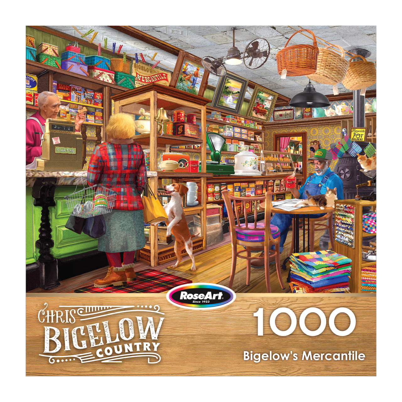Illustration of a cozy old-fashioned country store interior with shelves, tables, chairs, and a few people