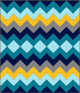 Colorful chevron zigzag quilt pattern in teal, navy, yellow, gray and white