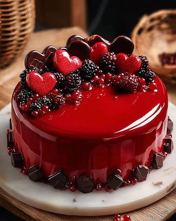 Red mirror-glazed cake decorated with beries, chocolate pieces, and red heart-shaped toppings on a white plate