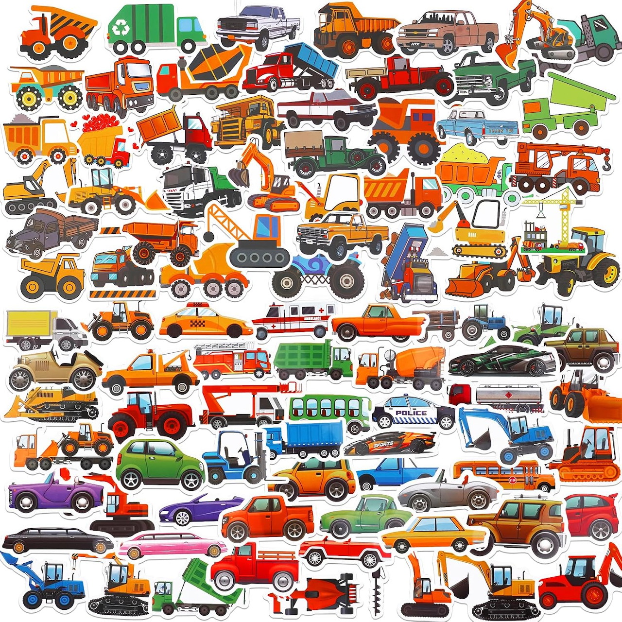 Collage of colorful cartoon construction vehicles, trucks, excavators, and heavy machinery