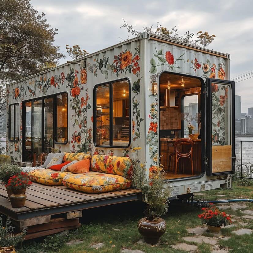 Floral-painted shipping container home with deck seating and warm interior lighting at dusk