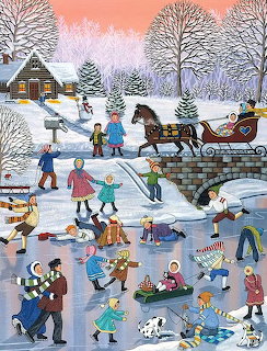 Folk art painting of people ice skating on frozen pond at sunset with snow-covered trees and cabin