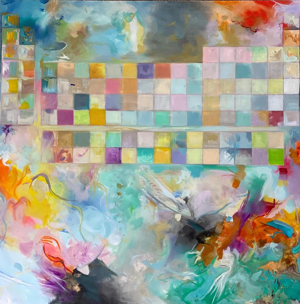 Abstract art with colorful periodic table grid and vibrant paint splashes in multiple colors