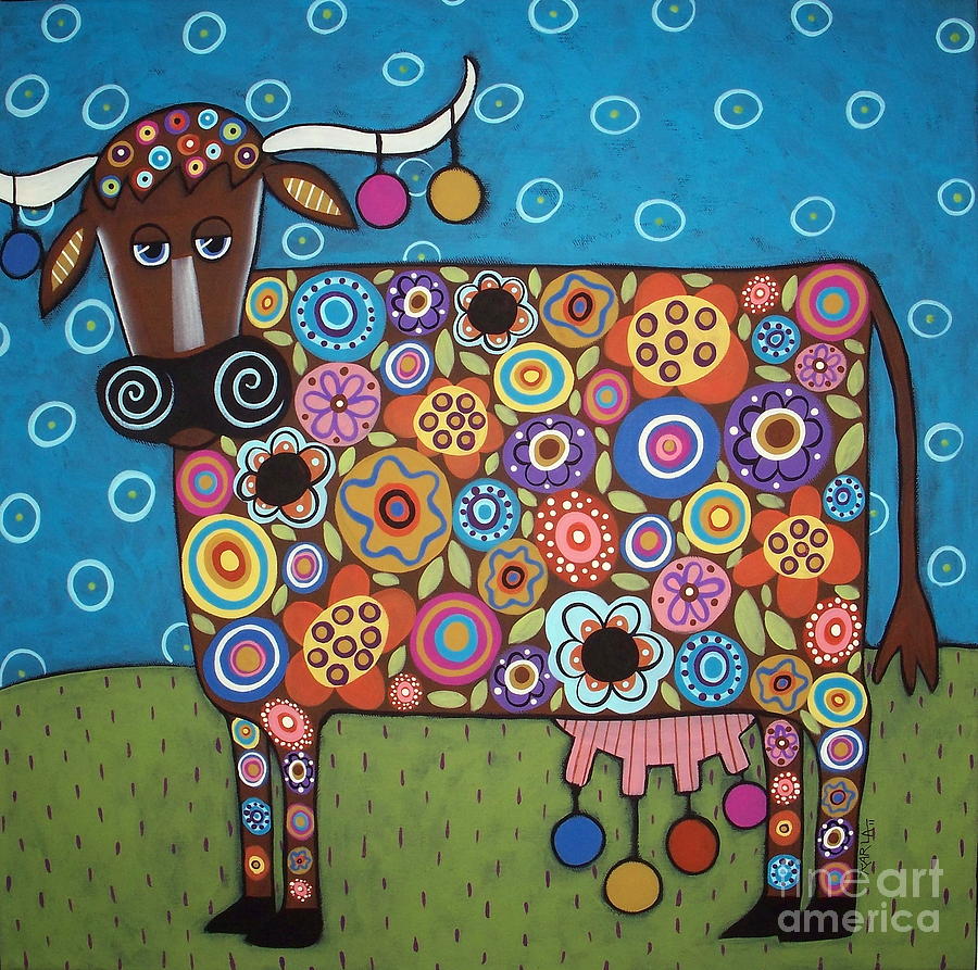Whimsical folk art bull covered in colorful circles and flowers on blue background with green grass