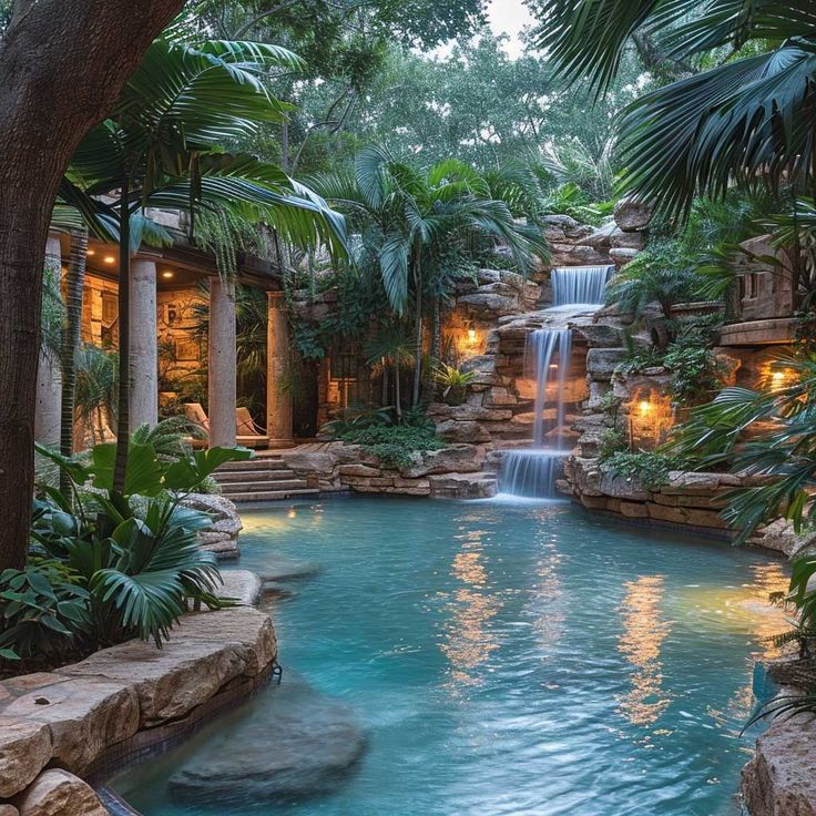 Tropical resort pool with waterfalls, palm trees, and warm evening lights reflected in turquoise water