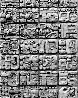 Black and white photo of Mayan hieroglyphic stone carvings arranged in rows and columns