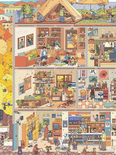 Cutaway view of colorful dollhouse showing multiple rooms filled with miniature furniture and decorations