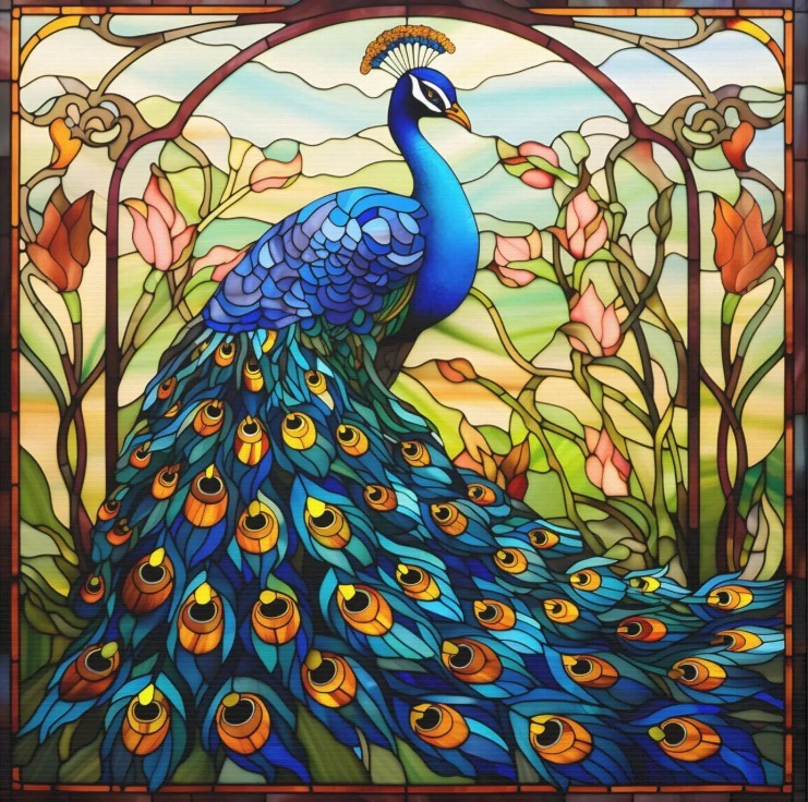 Stained glass style peacock with blue plumage and colorful eyespot tail feathers in ornate frame with floral elements
