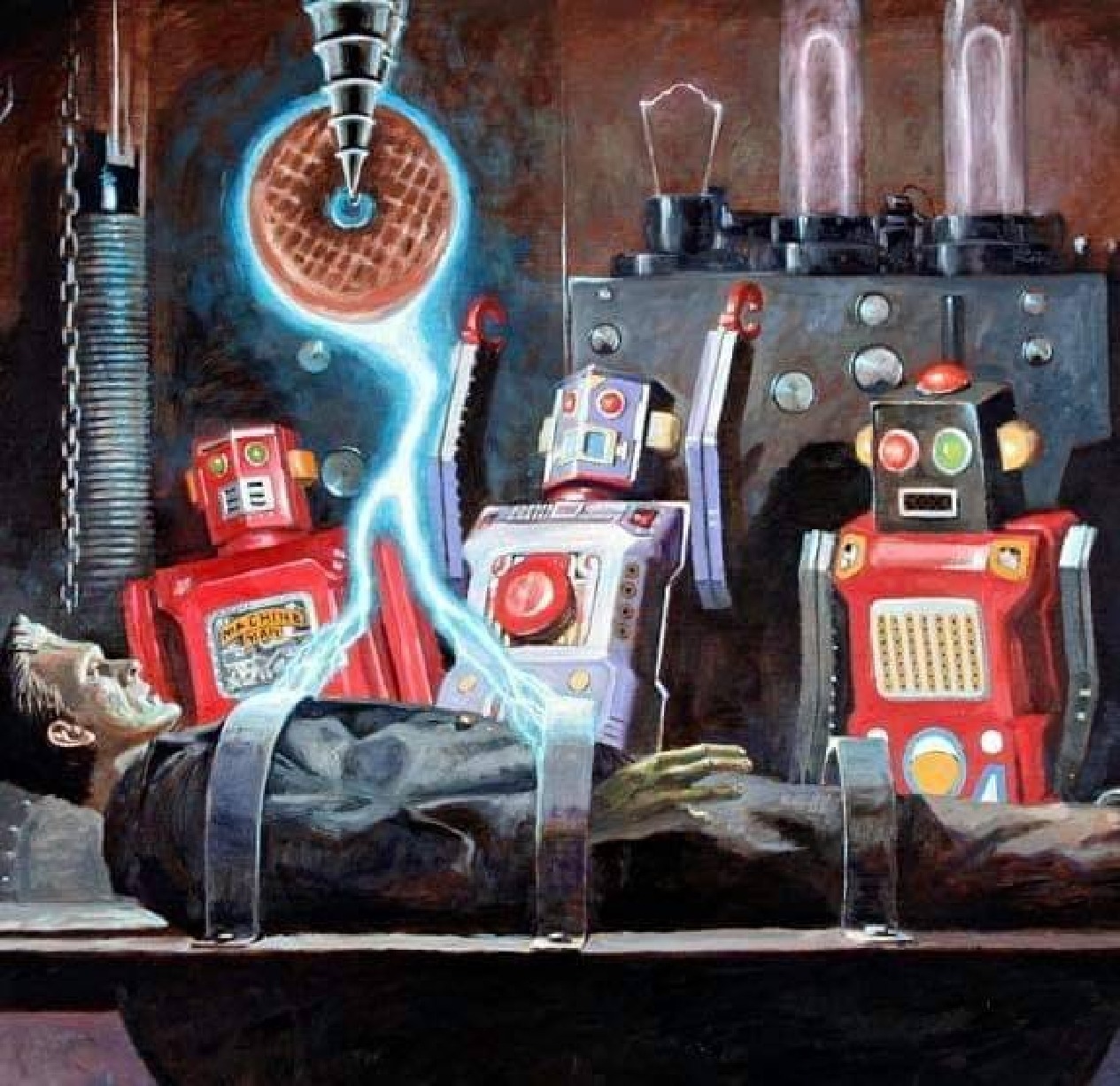 Three vintage tin toy robots on shelf with brick wall background