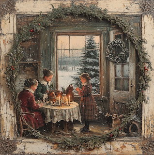 Vintage Christmas painting of children at a candlelit table beside a snowy window with garlands