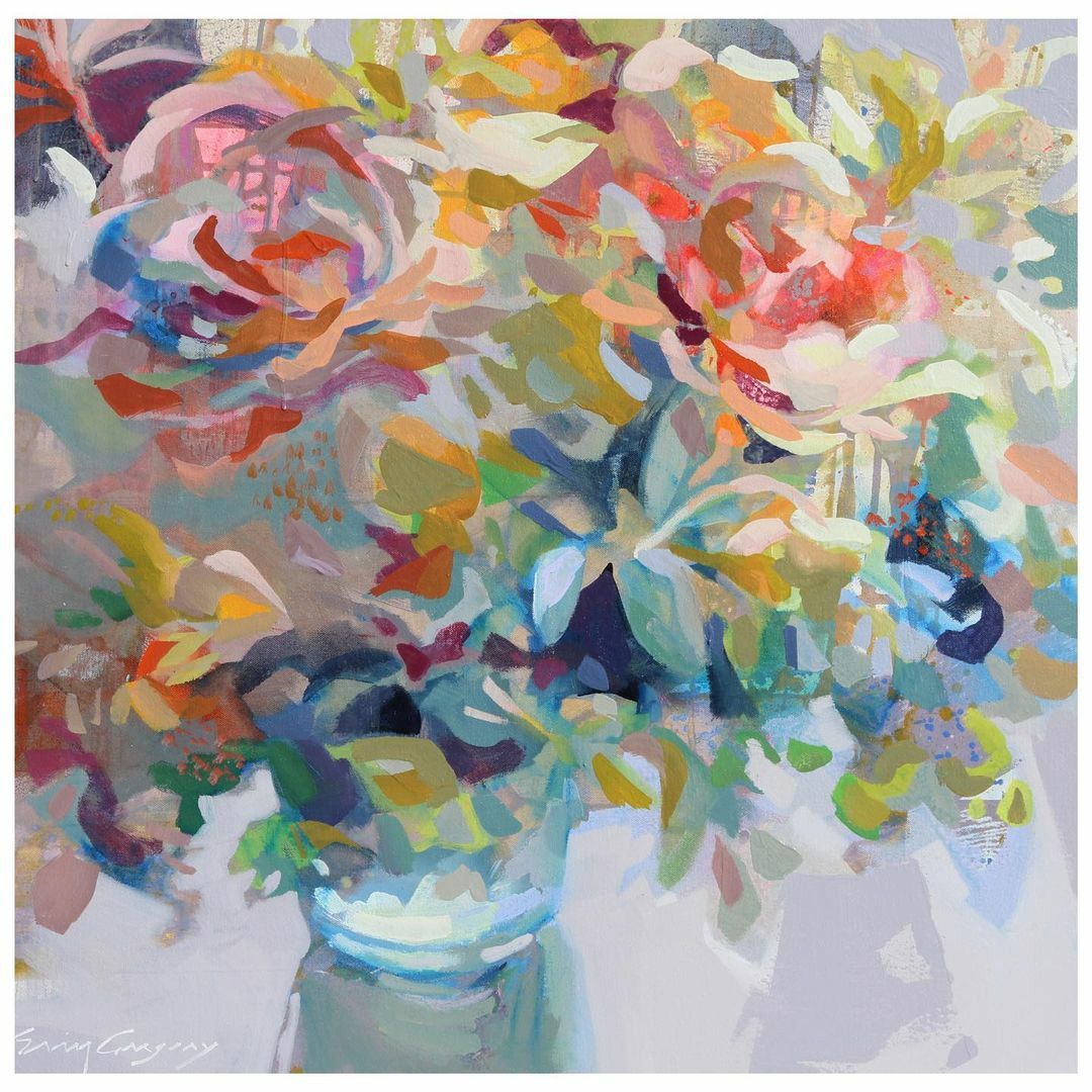 Abstract painting of a colorful bouquet of flowers in a vase
