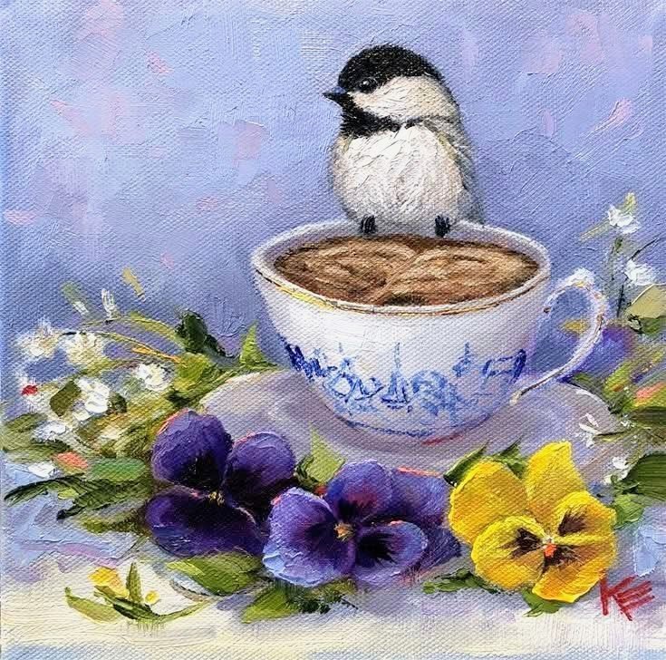 Painting of a small bird sitting on a white coffee cup with purple and yellow pansies
