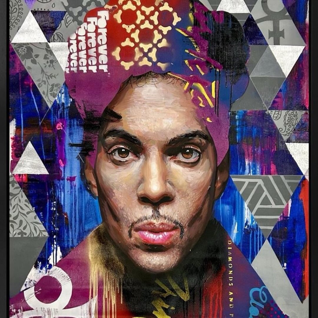 Portrait of Prince with vibrant geometric patterns and symbols in mixed-media collage style