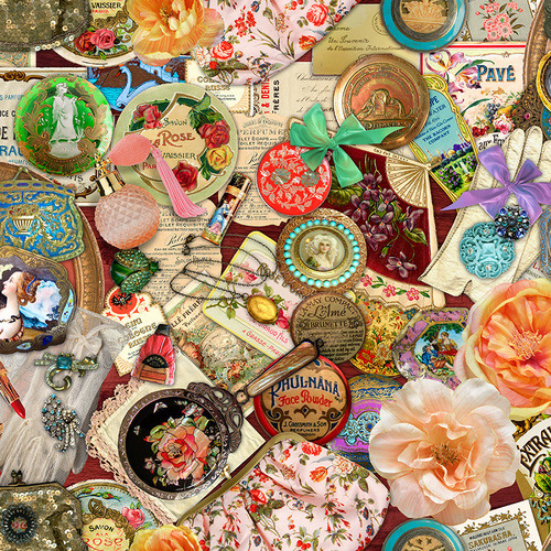 Dense collage of vintage trinkets, roses, brooches, ribbons, and paper ephemera
