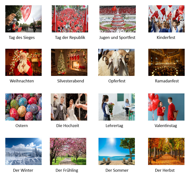 Collage of 16 German cultural tradition photos with German labels including festivals, holidays and seasons