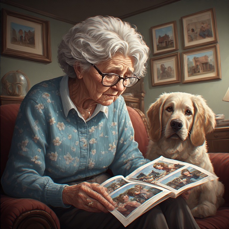 Elderly woman reading a photo album with a golden dog beside her in a cozy room